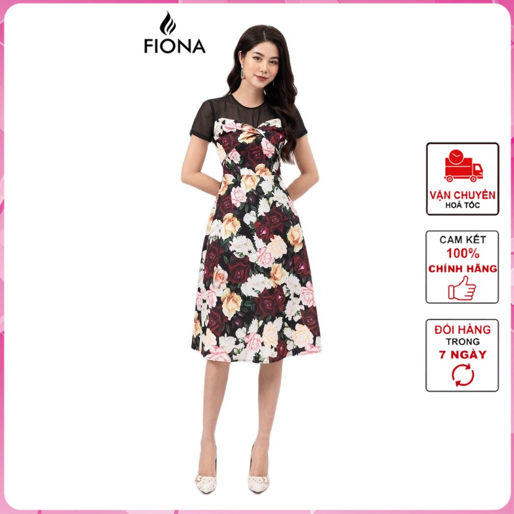 Đầm xòe fiona, đầm nữ công sở xoắn ngực họa tiết hoa 3d mã f451261