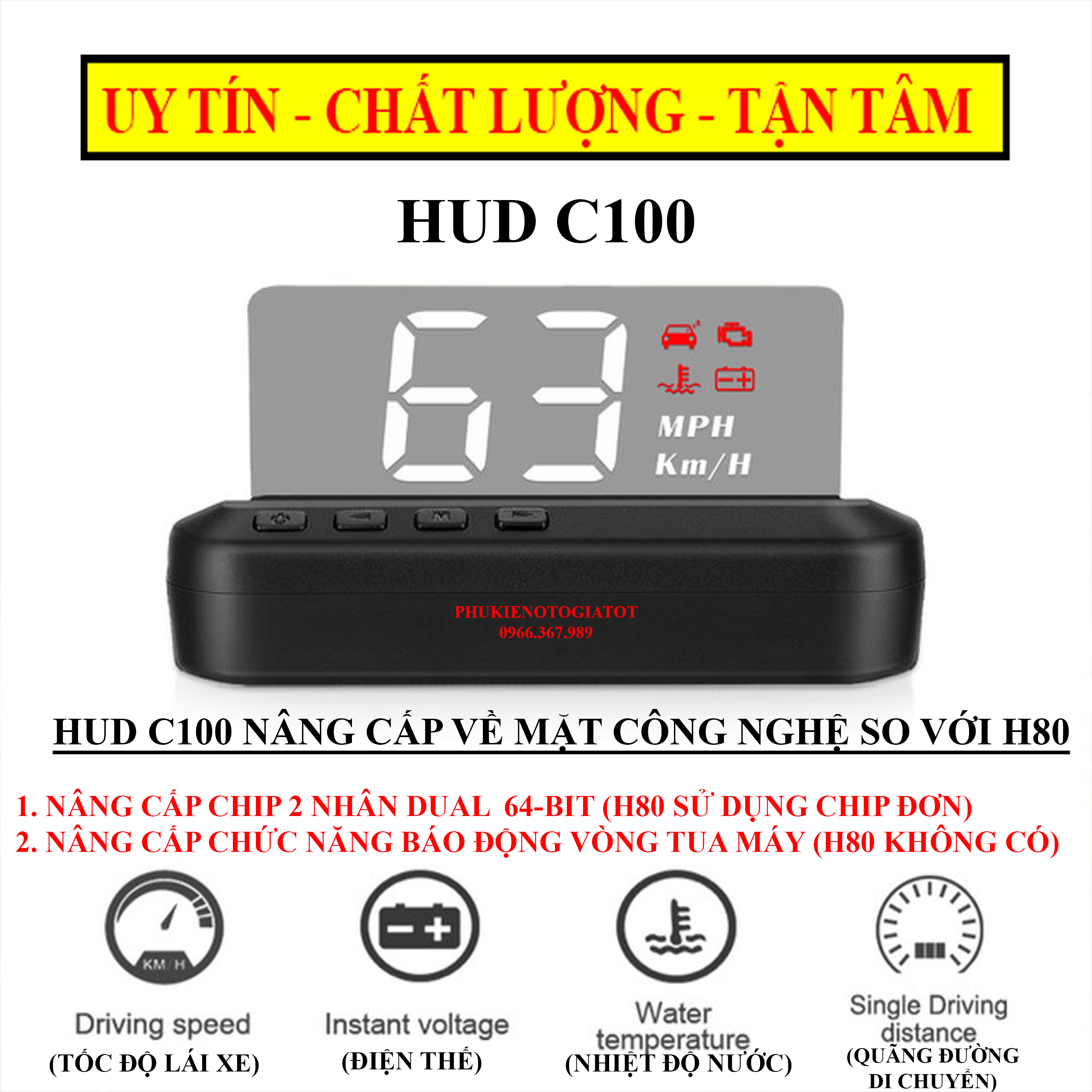 Màn hình hud c100 hiển thị tốc độ trên kính lái ô tô