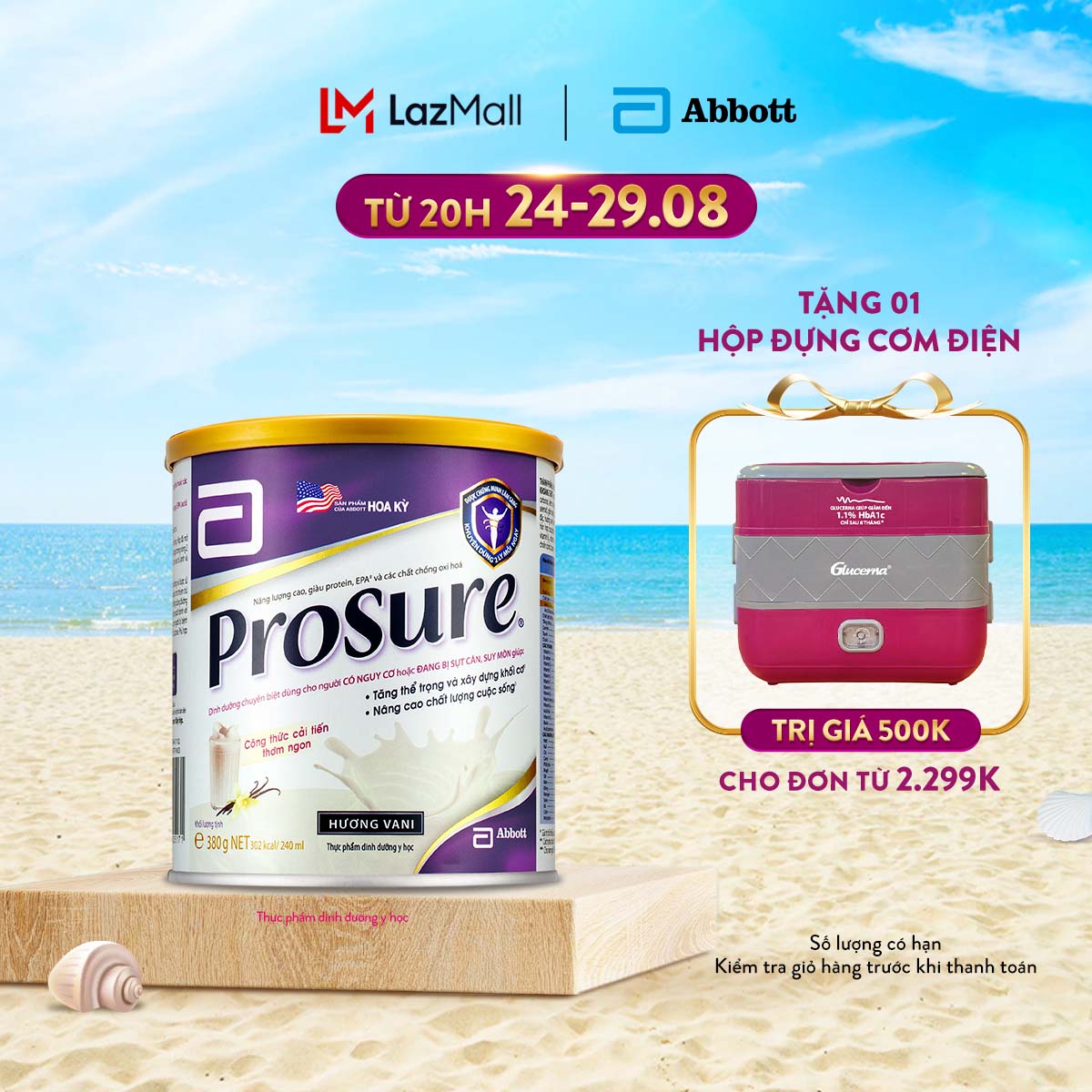 (CHỈ 20H 24-29.8 TẶNG HỘP ĐỰNG CƠM ĐIỆN CHO ĐH 2299K-SLCH) Sữa Bột Abbott Prosure Vanilla PROS Dùng Cho Người Có Nguy Cơ Hoặc Đang Bị Sụt Cân Suy Mòn (380g)