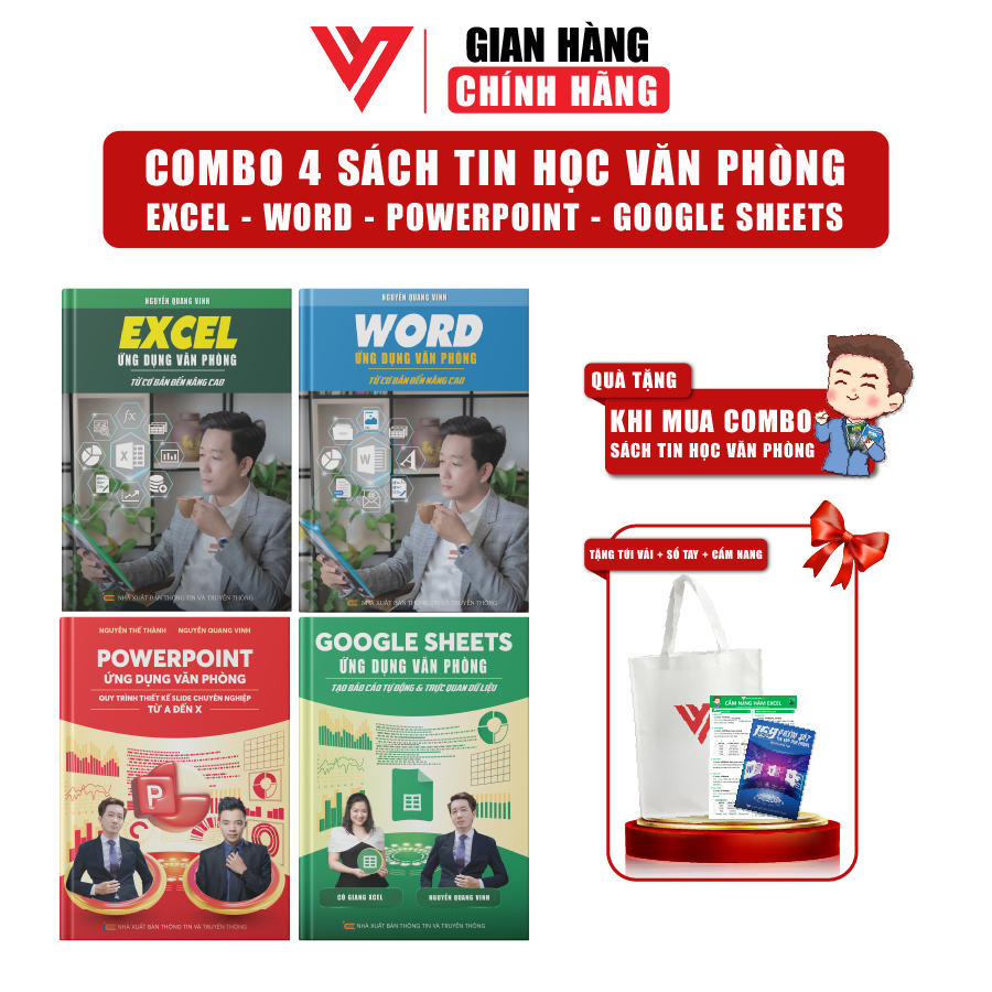 Combo 4 sách word, excel, powerpoint, google sheets đào tạo tin học ứng dụng văn phòng