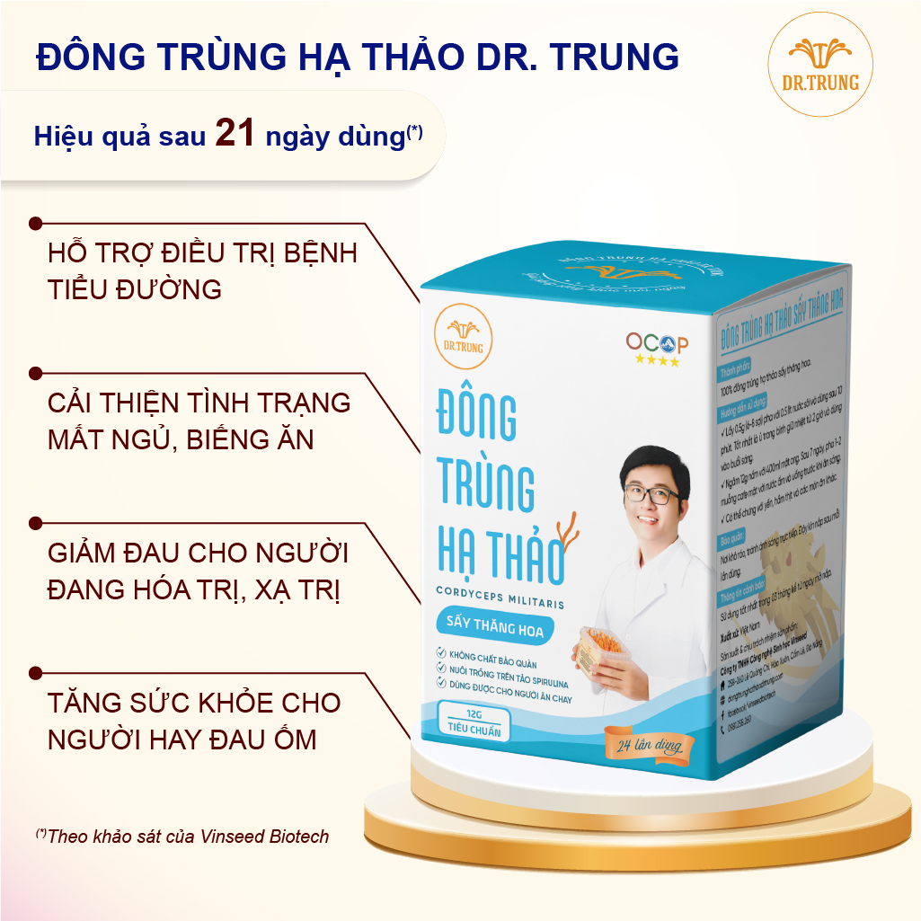 Dr. Trung - Nấm dược liệu Đông trùng hạ thảo loại Tiêu chuẩn 12g. Sấy thăng hoa, nuôi trồng trên protein thực vật, không chất bảo quản. Đạt chuẩn OCOP 4 sao.
