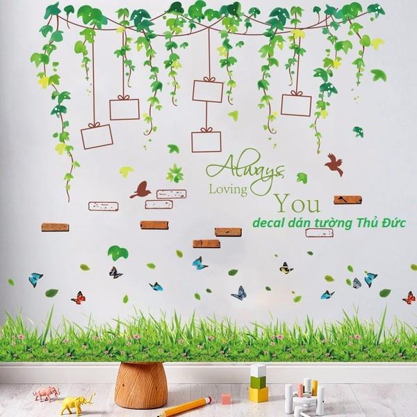 combo 2  bức decal dán tường dây leo khung ảnh và chân tường cỏ lá xanh
