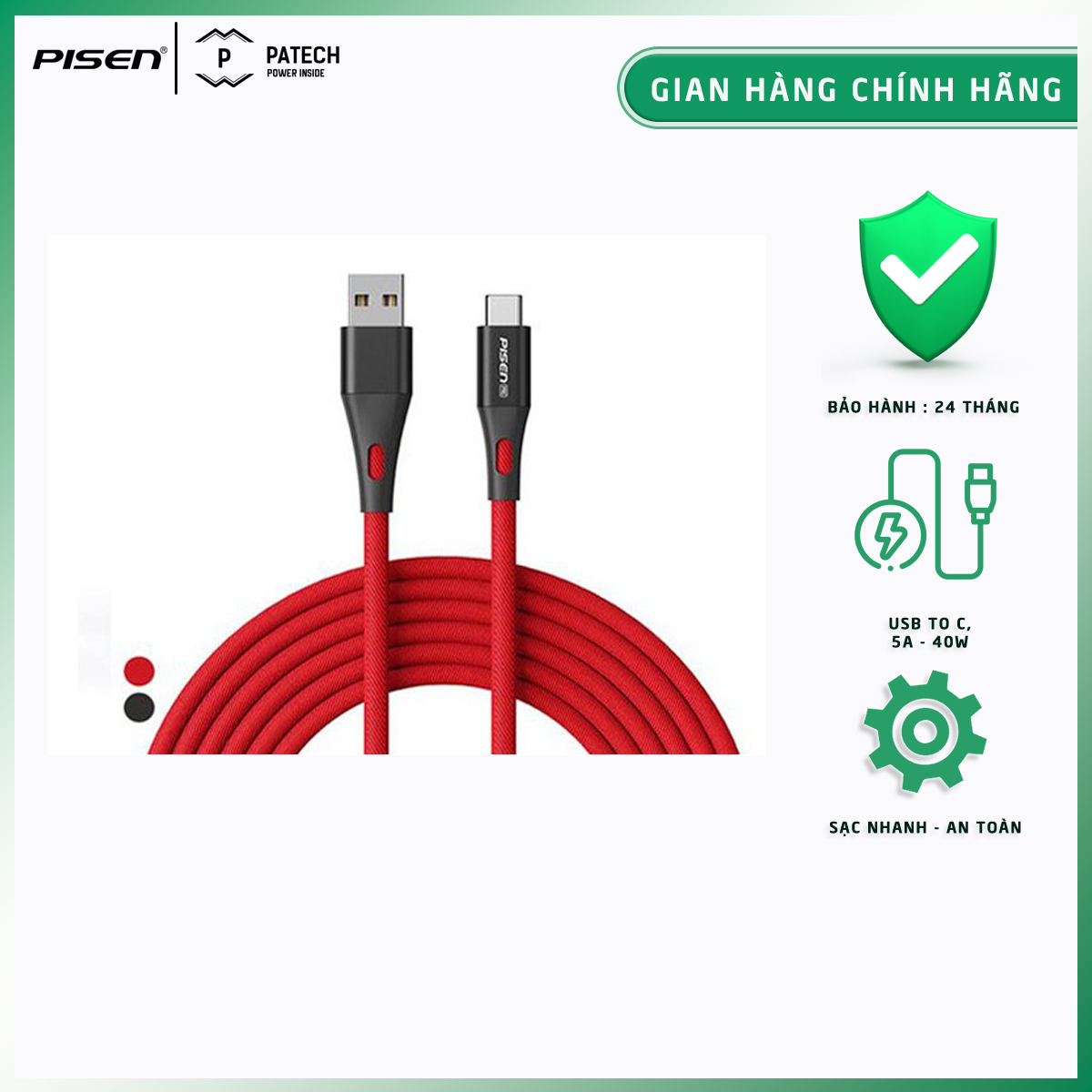 [20H 6/7 - 9.7 Nhập 77LAZSOCIAL80K Voucher giảm 12% đơn từ 250K tối đa 80K]Cáp Pisen Pro Super Charger Type-C 5A (40W) 1200mm, sạc nhanh, công suất sạc 40W - Hàng chính hãng, bảo hành 24 tháng (Pisen CarePlus)