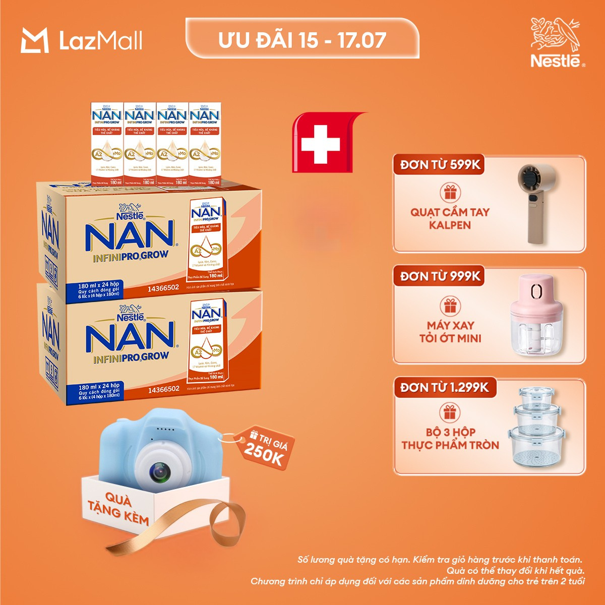 [CHỈ 15-17.07 QT ĐƠN 599K/999K/1299K][Tặng máy chụp ảnh] Combo 2 Thùng 24 hộp sữa pha sẵn Nestle NAN INFINIPRO GROW với công thức vượt trội kết hợp sữa A2 và HMO hỗ trợ tiêu hóa, đề kháng và phát triển thể chất (4x180ml)