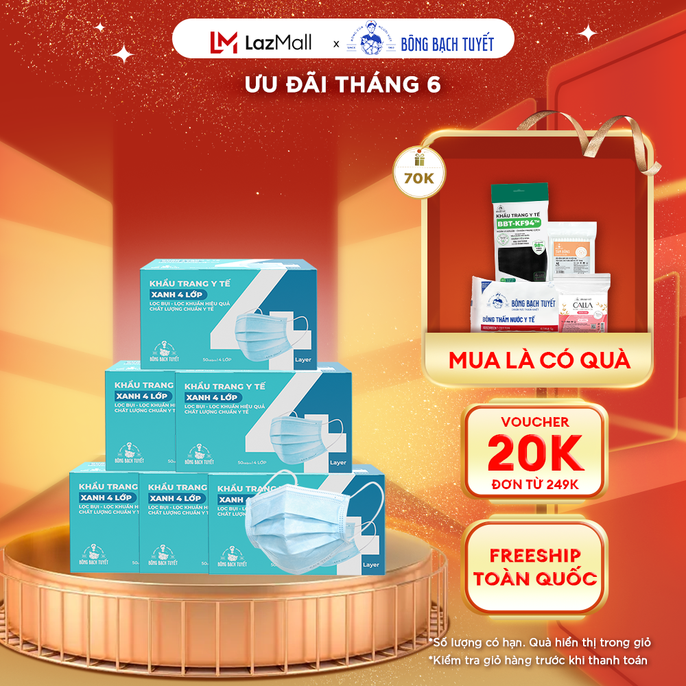 Combo 6 Hộp Khẩu trang Bông Bạch Tuyết 4 lớp xanh