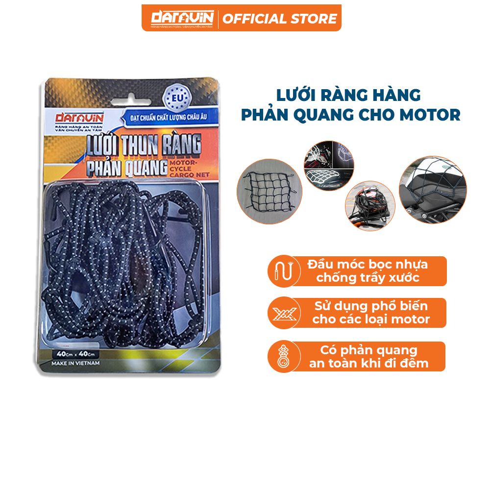 Lưới thun ràng hàng daravin màu đen cho xe máy phản quang với 100% sợi polyester bền bỉ 40x40cm
