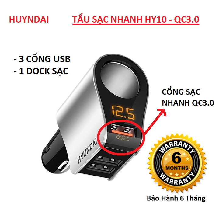 Tẩu sạc ô tô hiệu huyndai HY10 cổng sạc nhanh QC3.0 3 cổng USB 1 dock sạc màu bạc