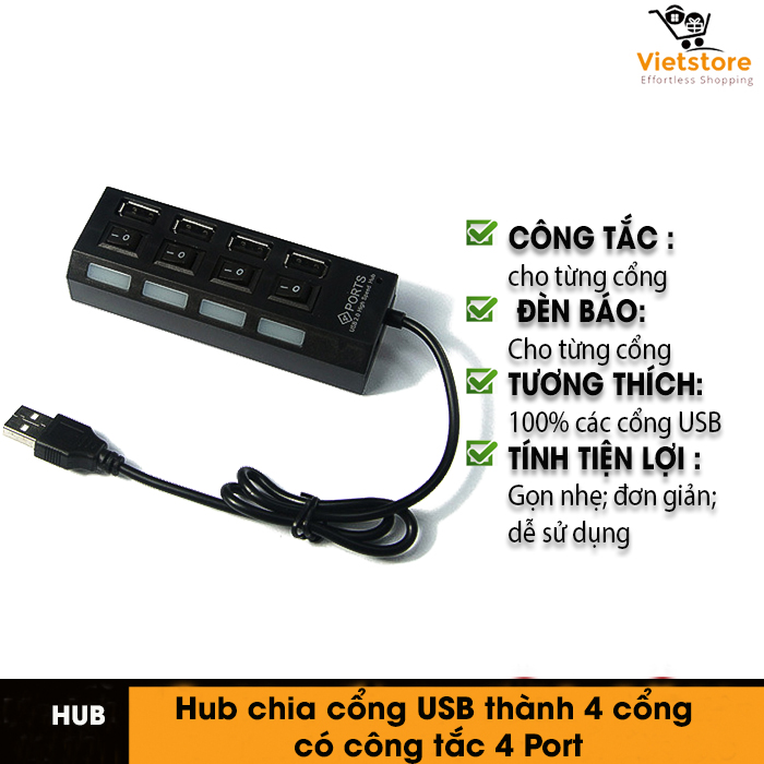 Hub chia cổng USB thành 4 cổng có công tắc 4 Port (Đen)
