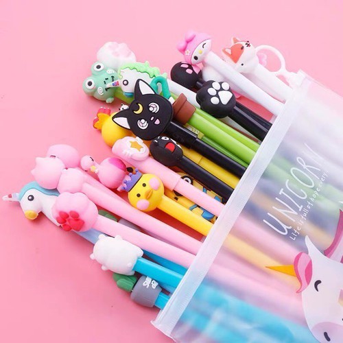 Set 10 bút cute nhiều màu khuyến mãi túi zip