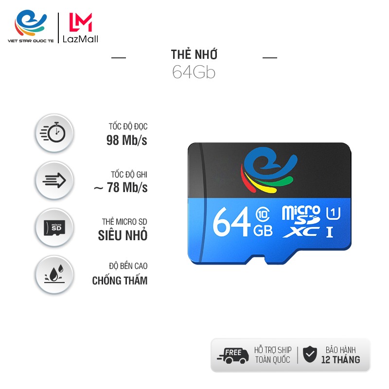 [99 điểm] Thẻ nhớ 64gb, Thẻ nhớ lưu trữ 64G Micro SD chuyên dành cho camera wifi, Class 10 Type U1, bảo hành 12 tháng, hàng chính hãng