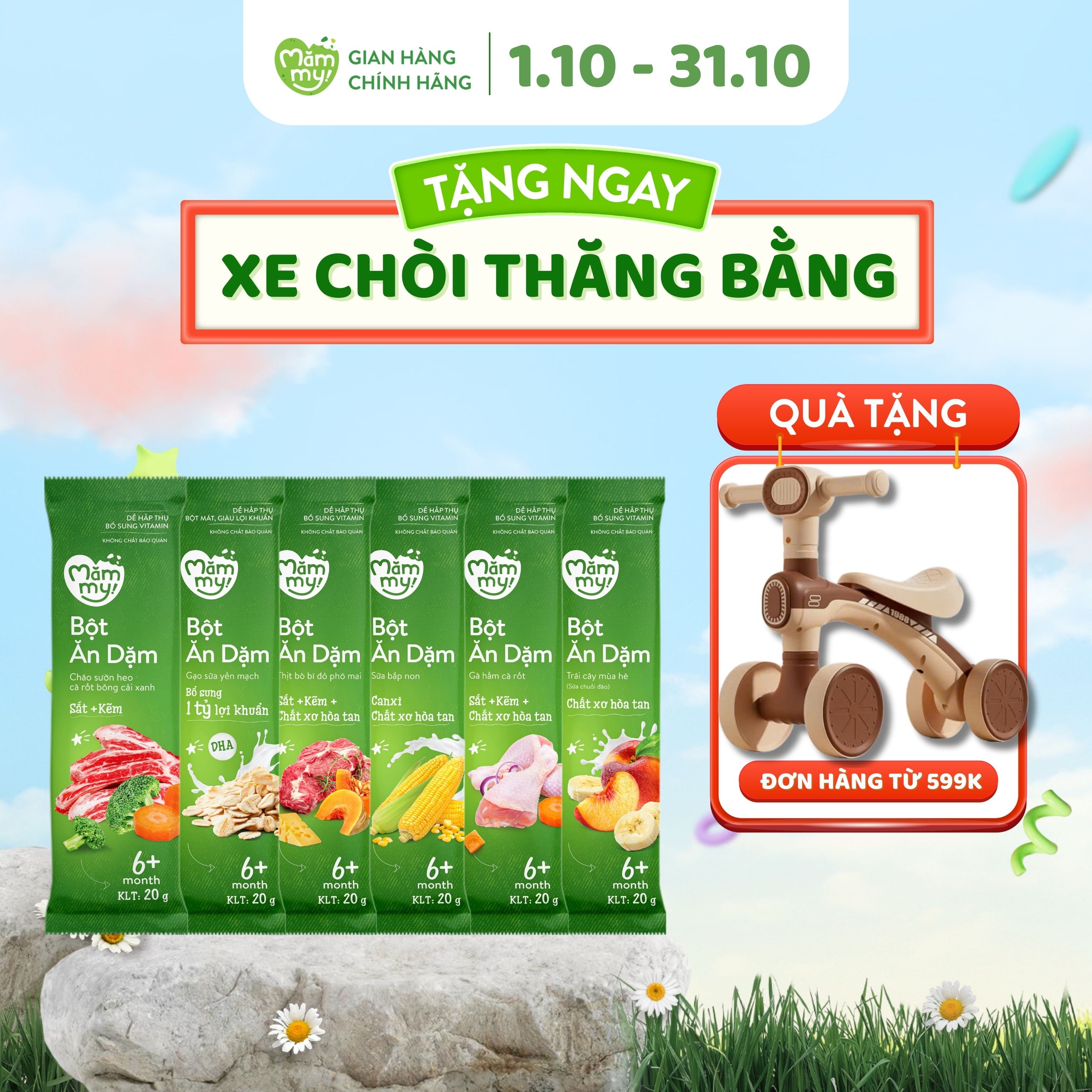 Bột ăn dặm Mămmy cho bé từ 6 tháng tuổi gồm bột sữa yến mạch, sữa bắp non, trái cây mùa hè, cháo sườ