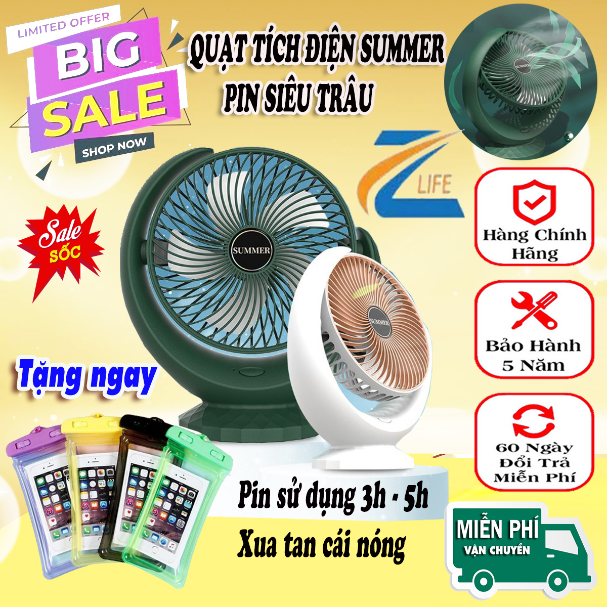 Quạt mini để bàn sạc pin loại tốt , quạt tích điện loại lớn summer thương hiệu zlife, , quạt điện 3 tốc độ gió, sử dụng 6-8 tiếng, quạt cầm tay, để bàn tích điện mini