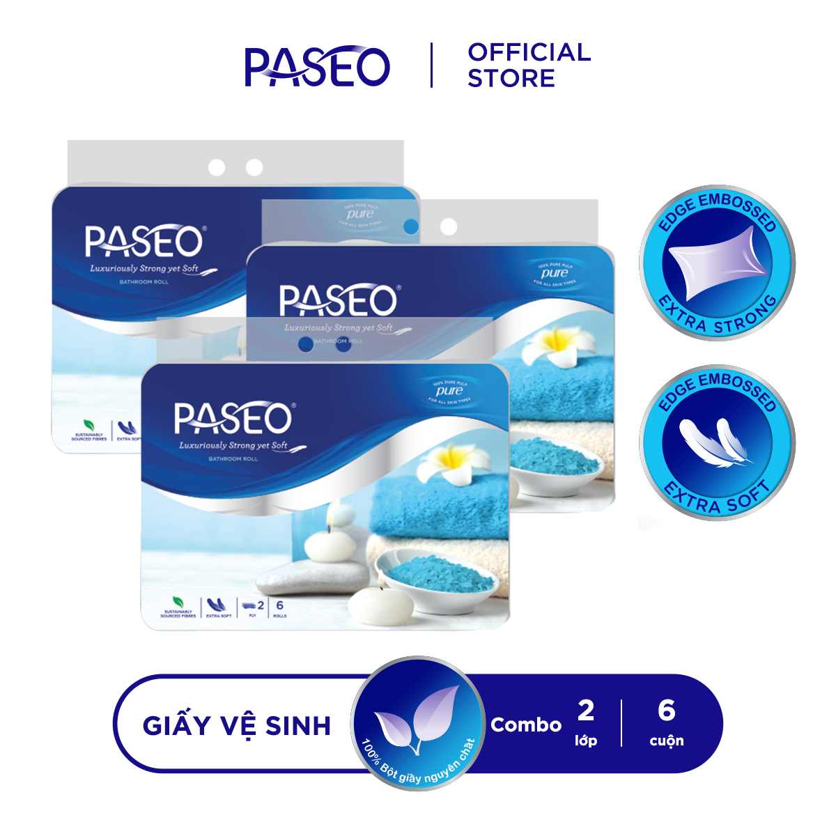 Combo 3 lốc giấy vệ sinh cao cấp Paseo dai, mềm mịn (6 cuộn 2 lớp)/lốc
