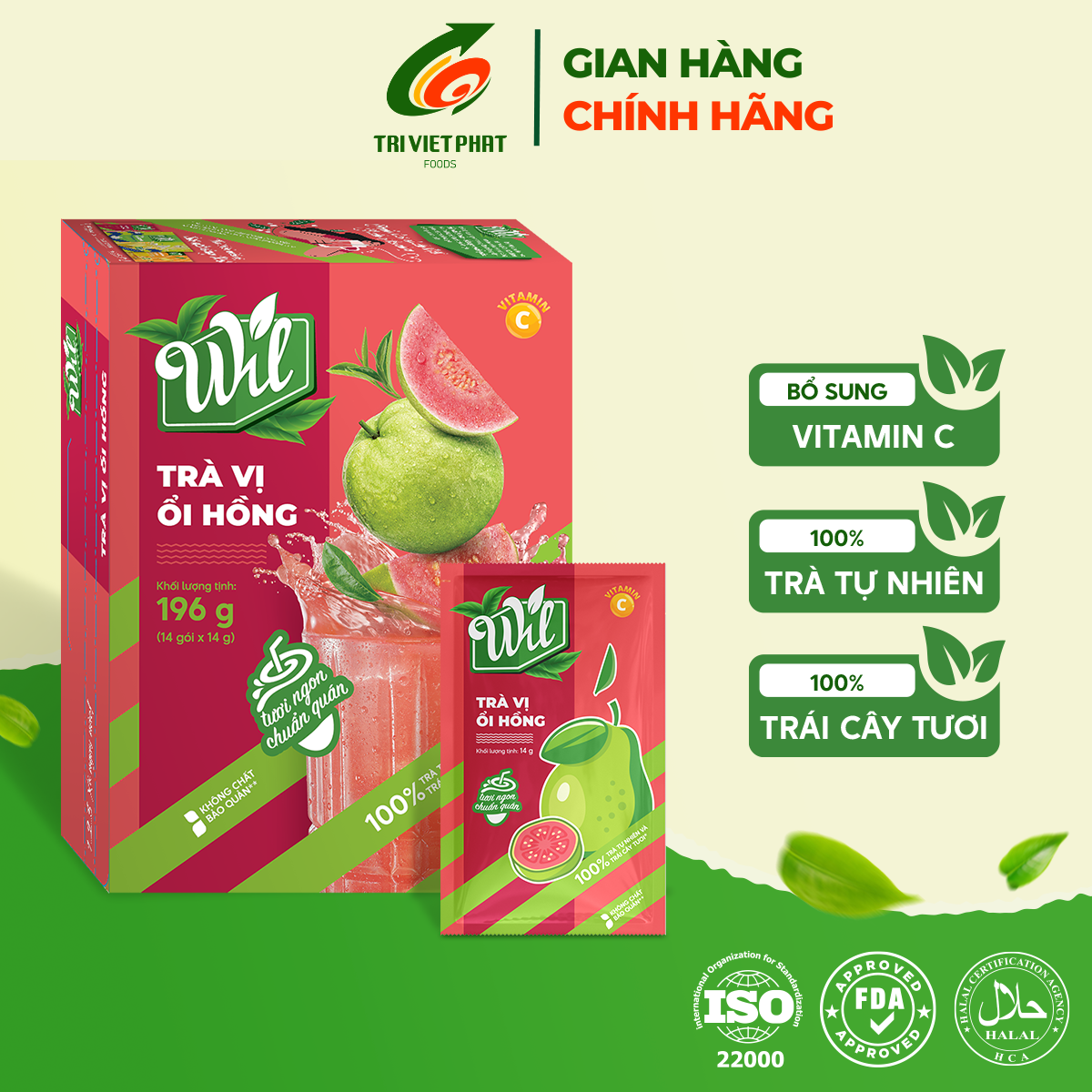 Trà ổi hồng Wil trà trái cây hòa tan bổ sung vitamin c hộp 196g (14 gói x 14g/gói)