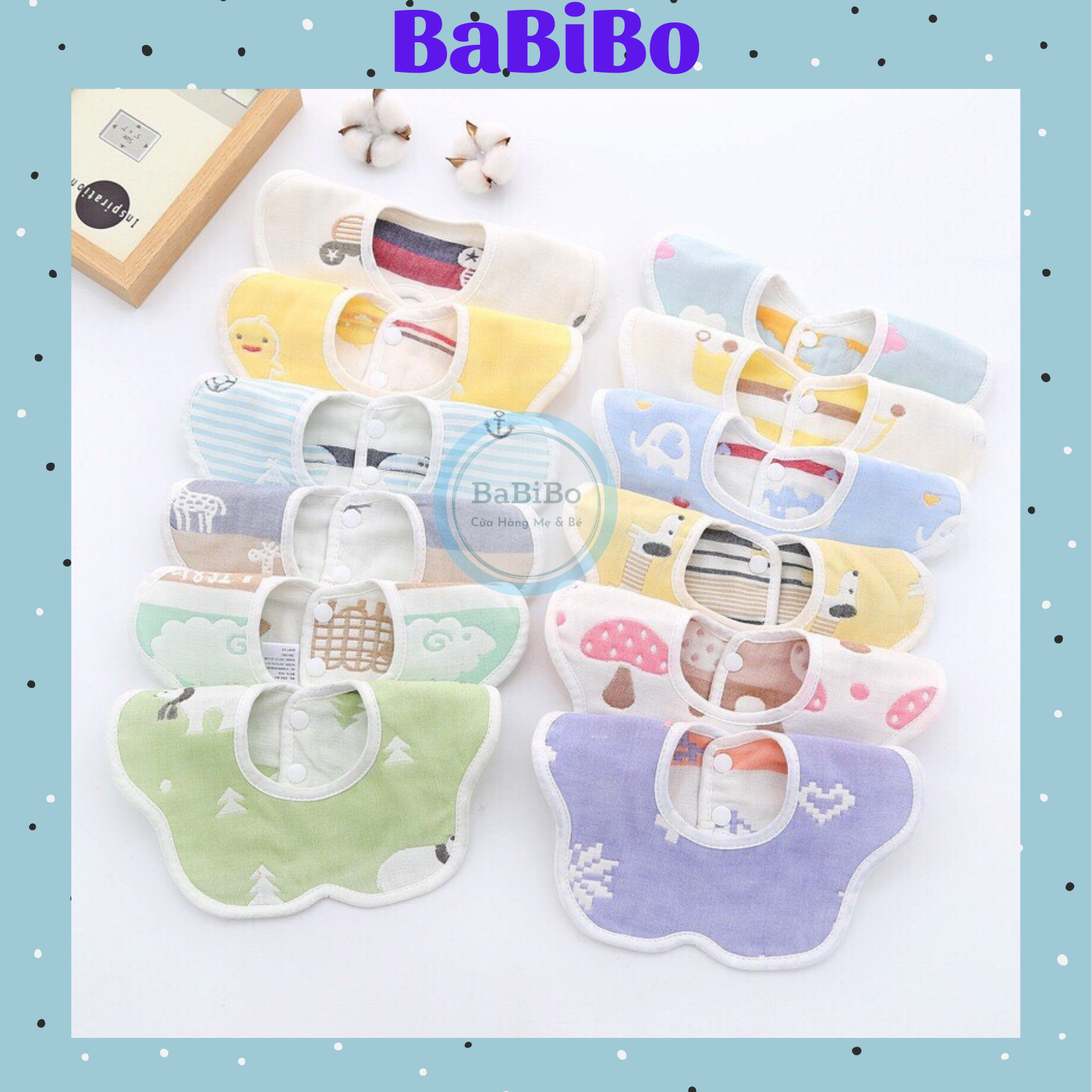 Yếm xô tròn cúc bấm sợi tre 6 lớp dày dặn siêu thấm hút cho bé - Babibo