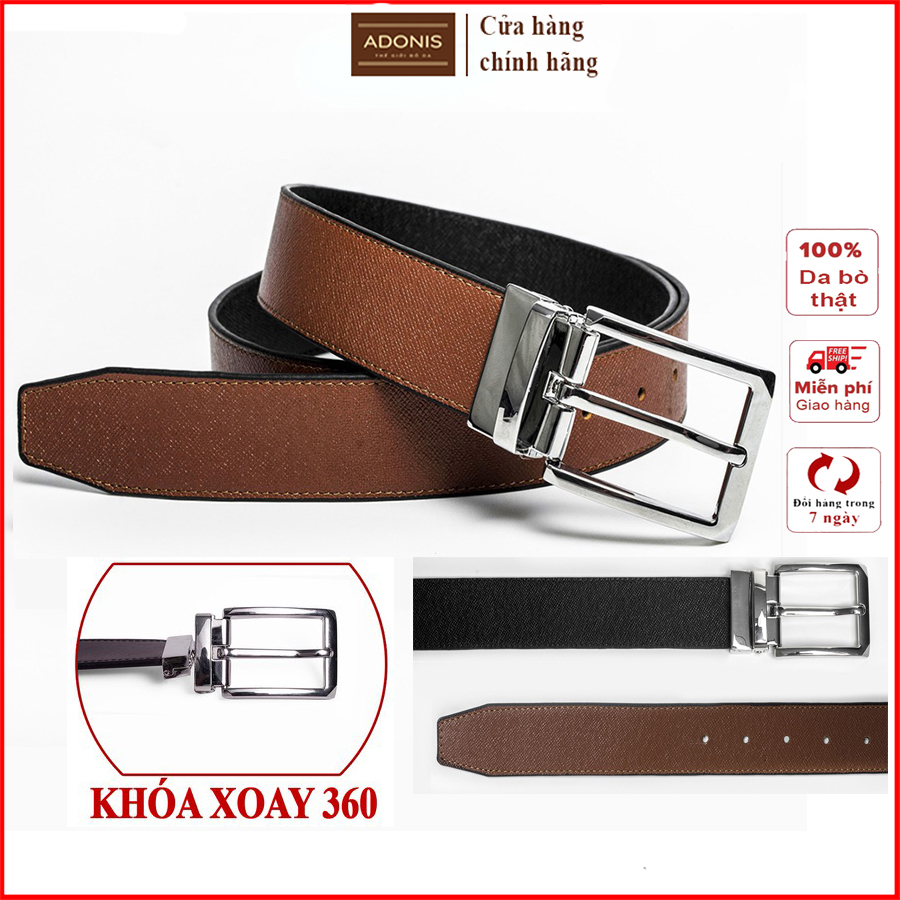 Thắt lưng nam Adonis thiết kế khóa xoay có thể dùng 2 mặt dây nâu và đen, dây nịt nam da bò saffiano, dây nịt bụng khóa cài, bảo hành 12 tháng