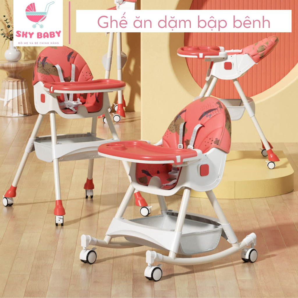Ghế ăn dặm cao cấp đa năng cho bé có bập bênh và bánh xe điều chỉnh độ cao 2 nấc tựa lưng 3 chế độ ngả kèm bàn ăn 2 lớp cho bé từ 6 tháng tuổi
