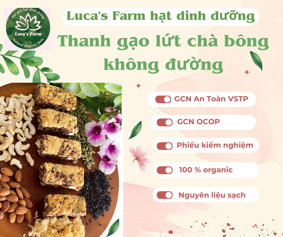 Thanh gạo lứt hạt chà bông không đường Lucas Farm bánh ngũ cốc granola ăn kiêng giảm cân keto eat clean healthy dinh dưỡng tốt cho tim mạch gồm Hạnh nhân hạt điều hạt bí xanh gạo lứt chà bông mật ong hạt dinh dưỡng