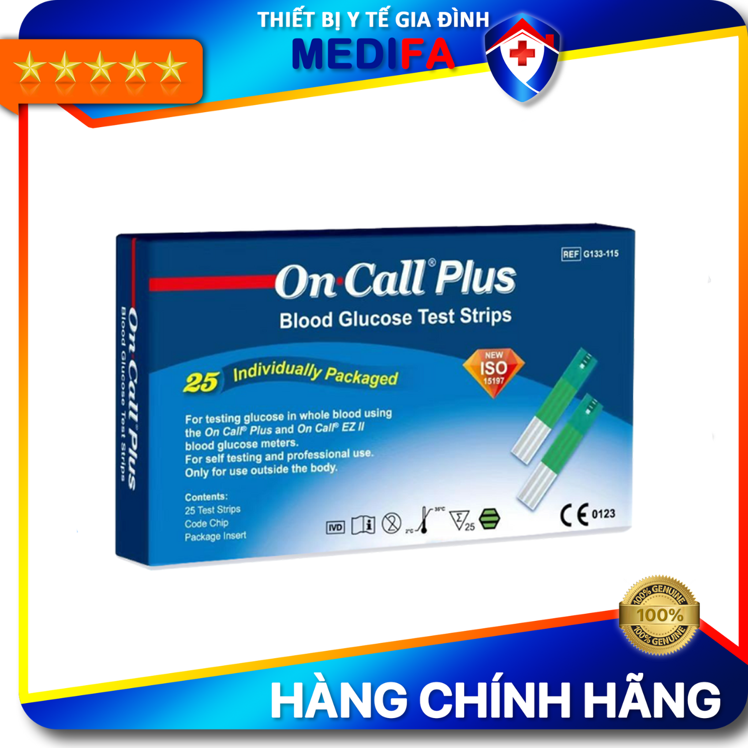 Que thử đường huyết on call plus hộp 25 que có túi thiếc đựng riêng từng test, hàng chính hãng acon