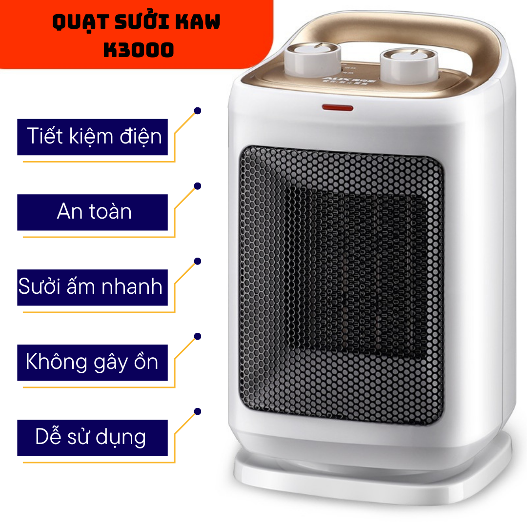 Máy sưởi để bàn quạt sưởi KAW K3000 quạt sưởi mini công suất 1500W sưởi ấm 2 chiều chế độ ấm nhanh sau 3s sử dụng công nghệ PTC ceramic làm nóng nhanh tích hợp tản gió hẹn giờ tắt