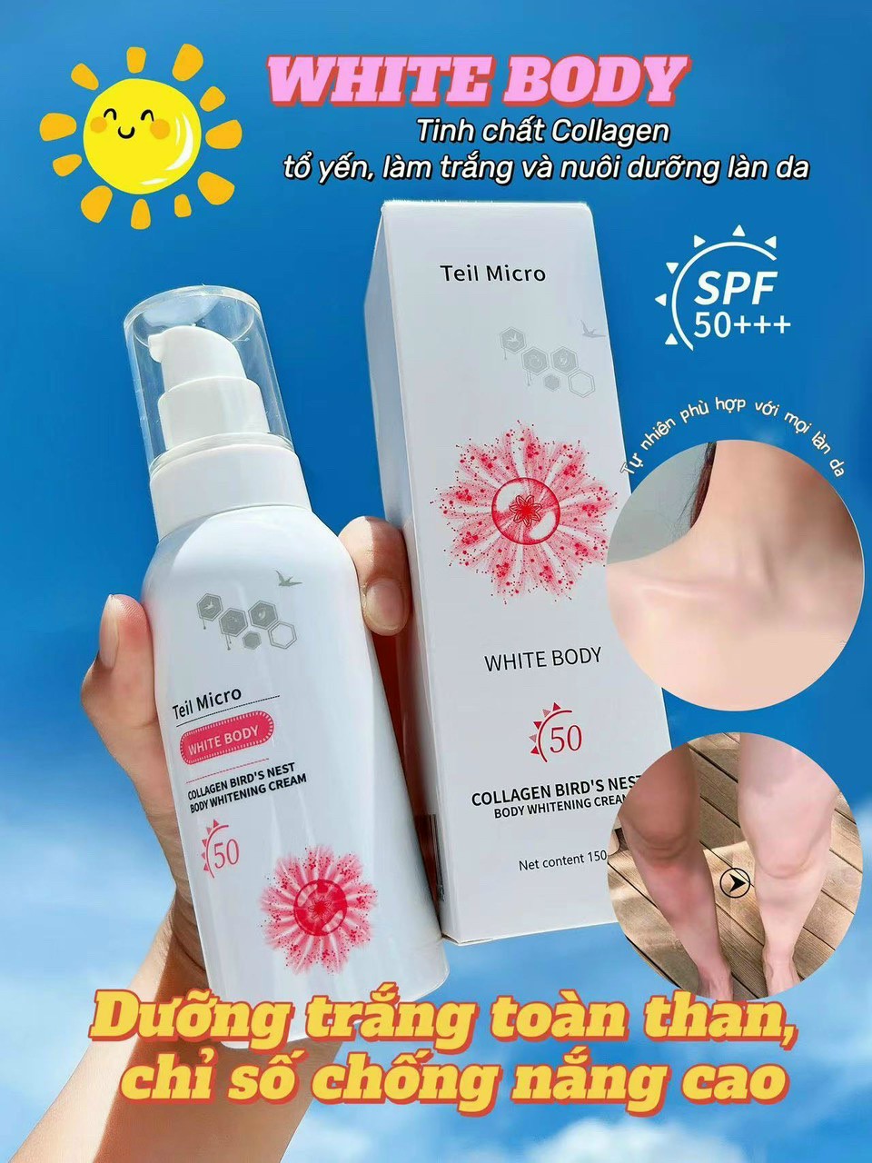 Kem white body teil micro yến dưỡng trắng da chống nắng spf50 chai 150g