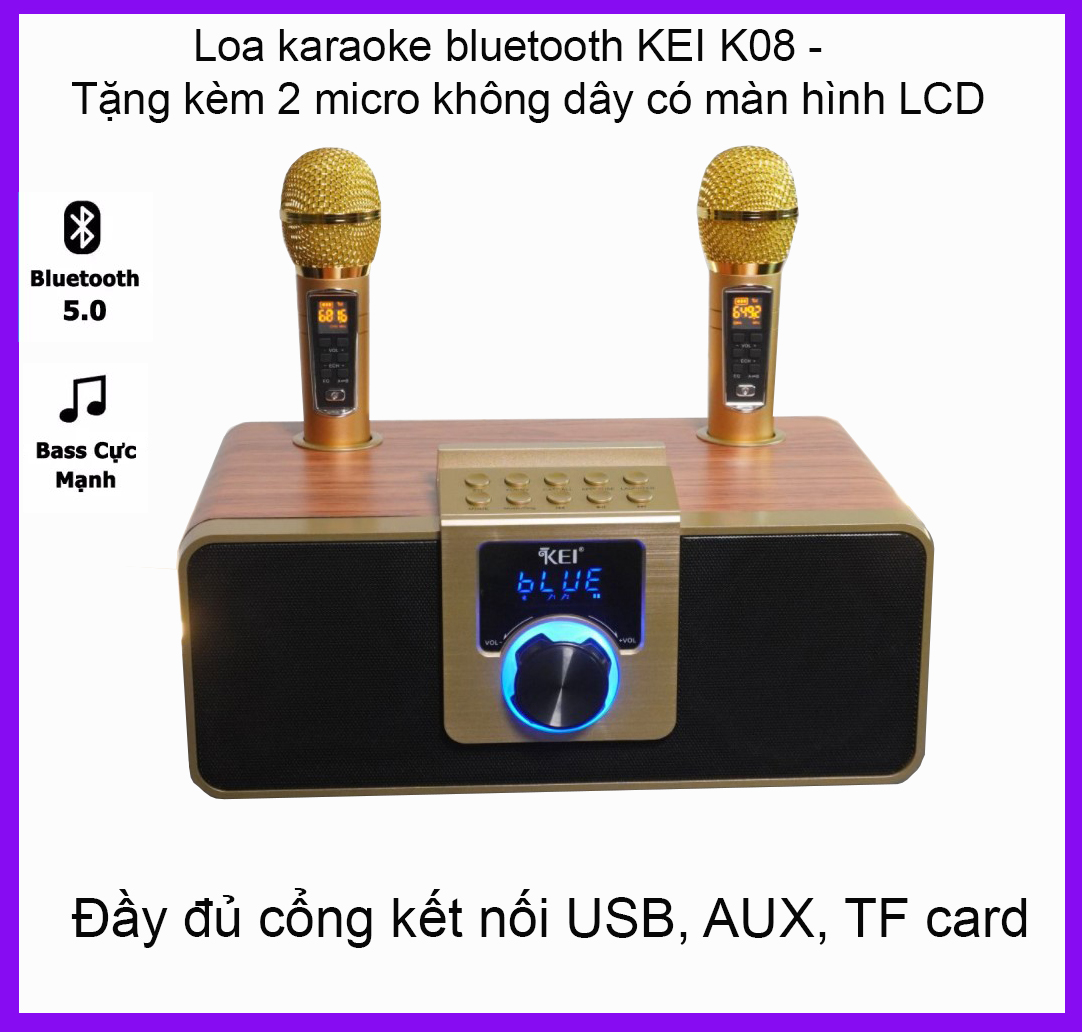 [ SIÊU HOT MẪU MỚI 2021] Loa karaoke bluetooth KEI K08 - Tặng kèm 2 micro không dây có màn hình LCD - Sạc pin cho micro ngay trên loa - Chỉnh bass treble echo    trên micro – Đầy đủ cổng kết nối USB, AUX, TF card - Loa xách tay du lịch.