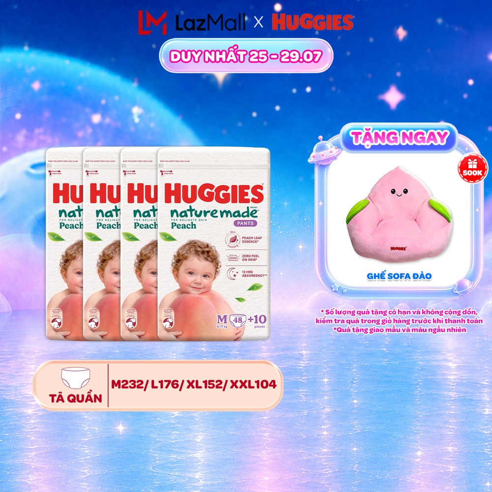[Mới Ra Mắt] Combo 4 Tã quần Huggies Naturemade Peach M48+10/L44/XL38/XXL26