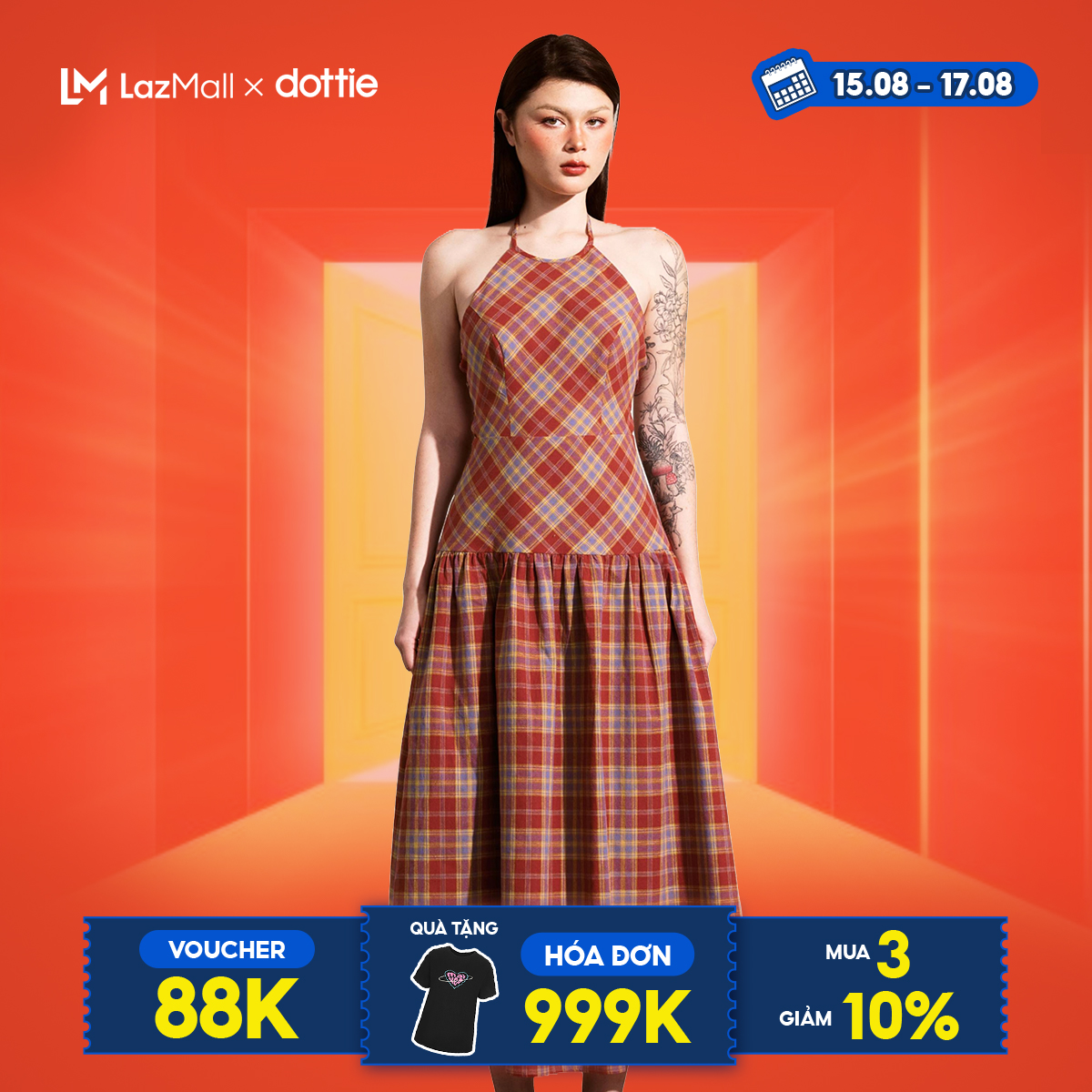 Dottie - đầm maxi cổ yếm đan dây - đỏ - d0548