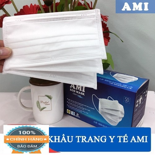 (HOT) 02 Hộp Khẩu Trang Y Tế AMI 4 Lớp Màu trắng, Kháng Khuẩn Hiệu Quả, Hộp 50 Chiếc, Có Giấy Kiểm Định Của Bộ Y Tế