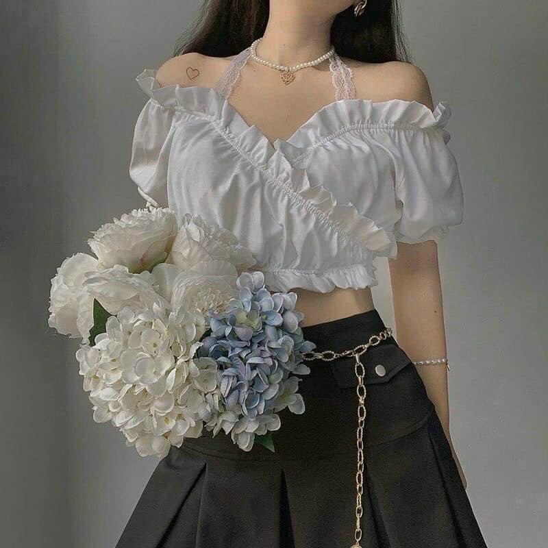 ÁO croptop nữ kiểu bệt vai kate phối ren