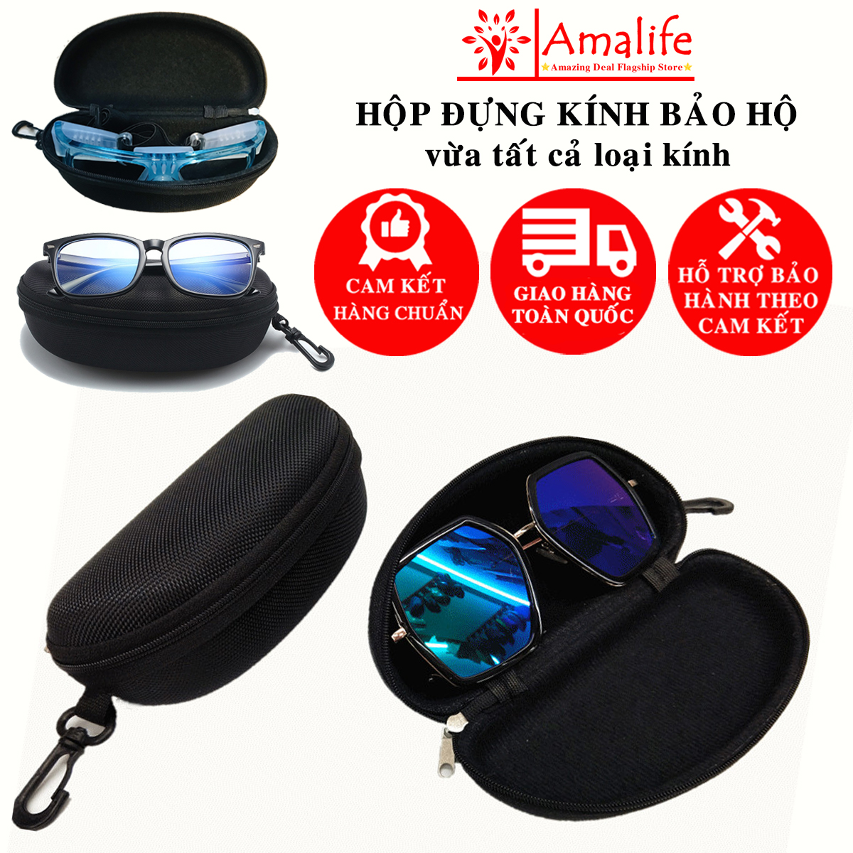 Bao vải dây kéo đựng kính thể thao cao cấp - hộp đựng mắt kính chơi thể thao có móc treo để vừa kính bảo hộ size lớn nhất hãng amalife