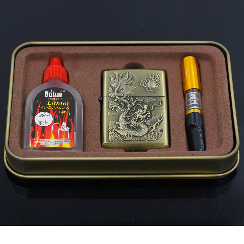 Combo bật lửa hộp quẹt zippo hình rồng