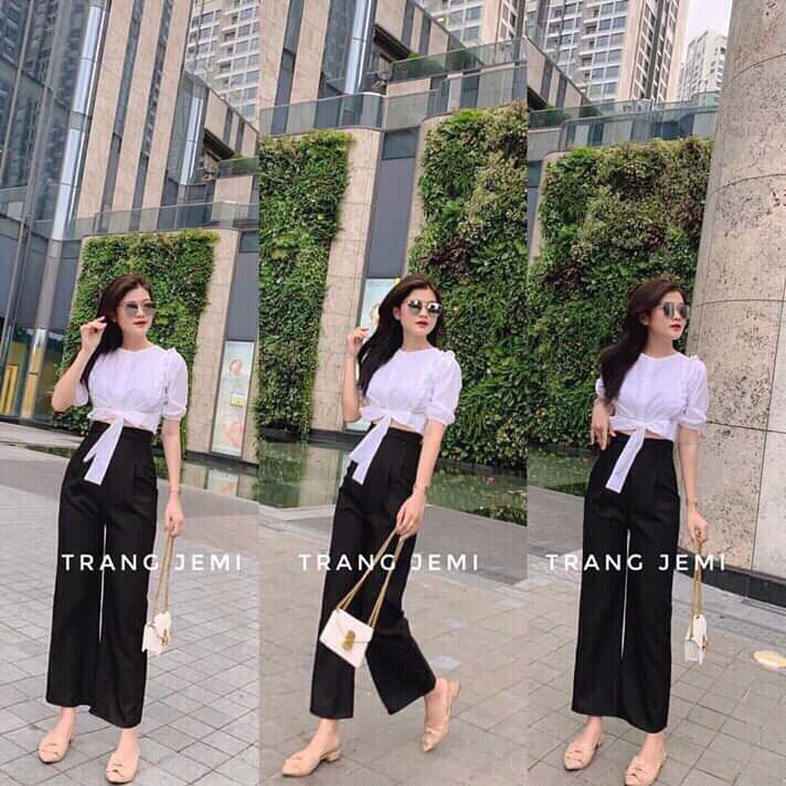 Set bộ nữ quần dài áo tay búp cột nơ eo