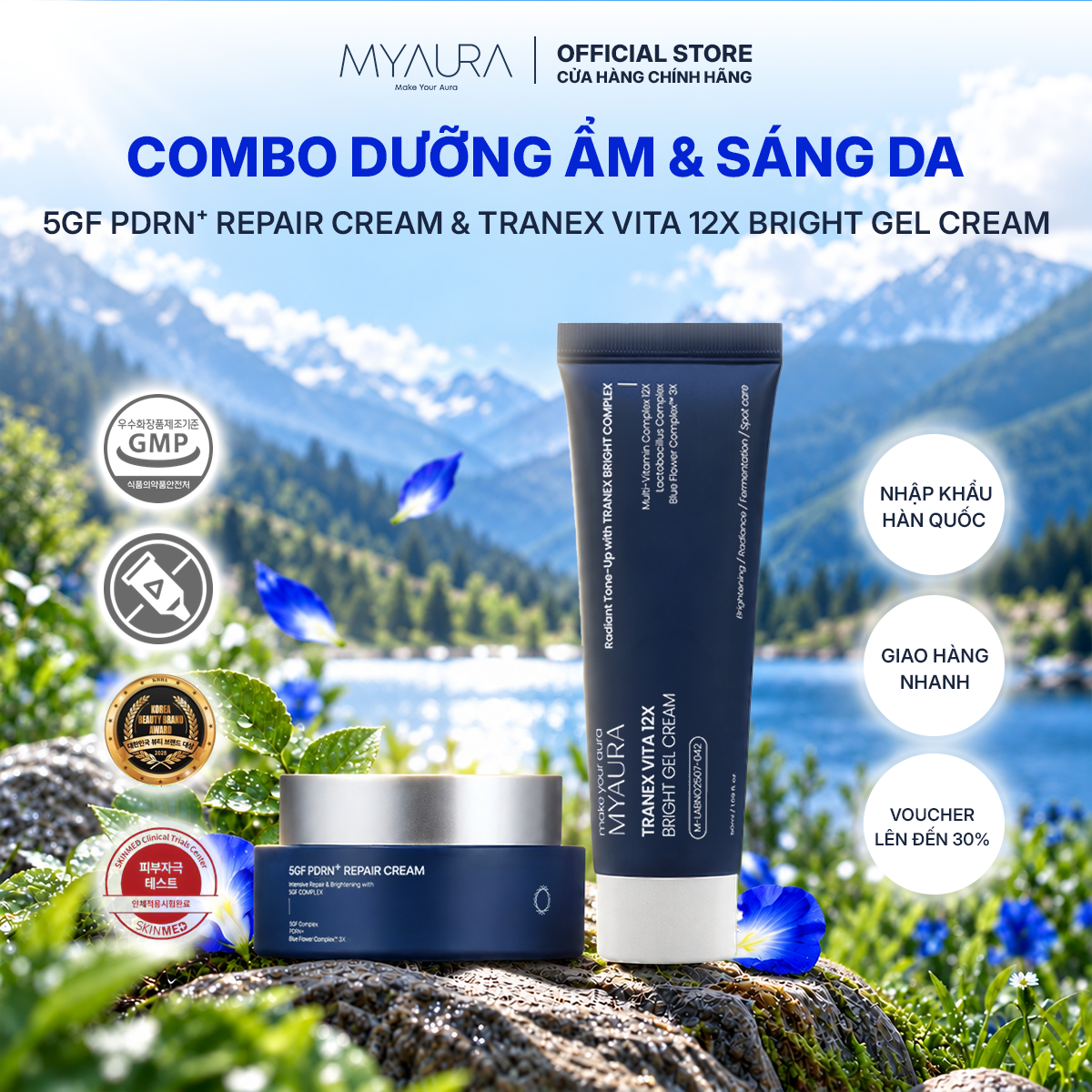 Combo Kem Dưỡng Ẩm & Sáng Da MYAURA 5GF PDRN+ 50g & TRANEX VITA 12X BRIGHT GEL CREAM 50ml