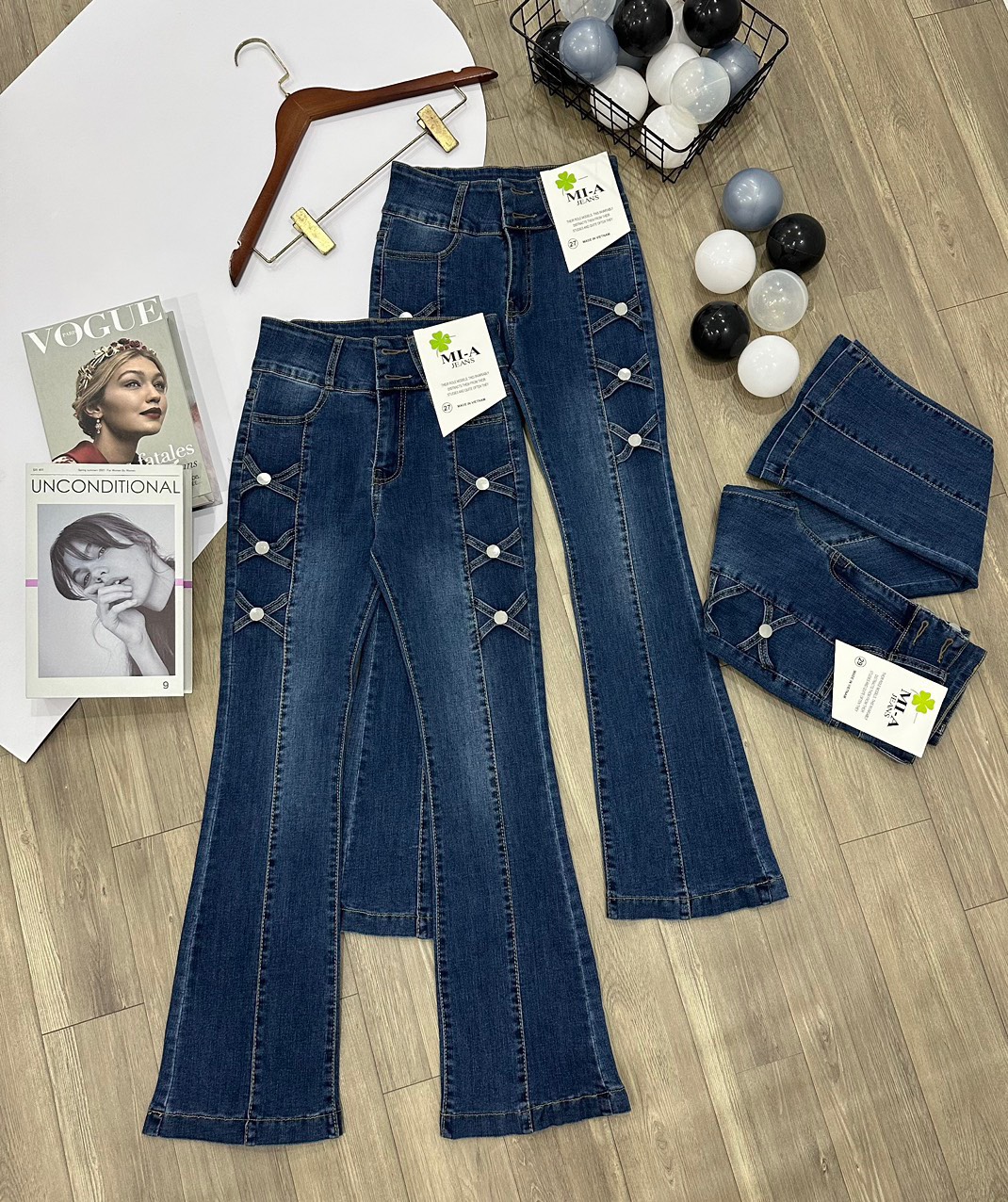 Quần jeans nữ lưng cao đùi nơ x 3 nút vải jeans cotton co giãn tốt