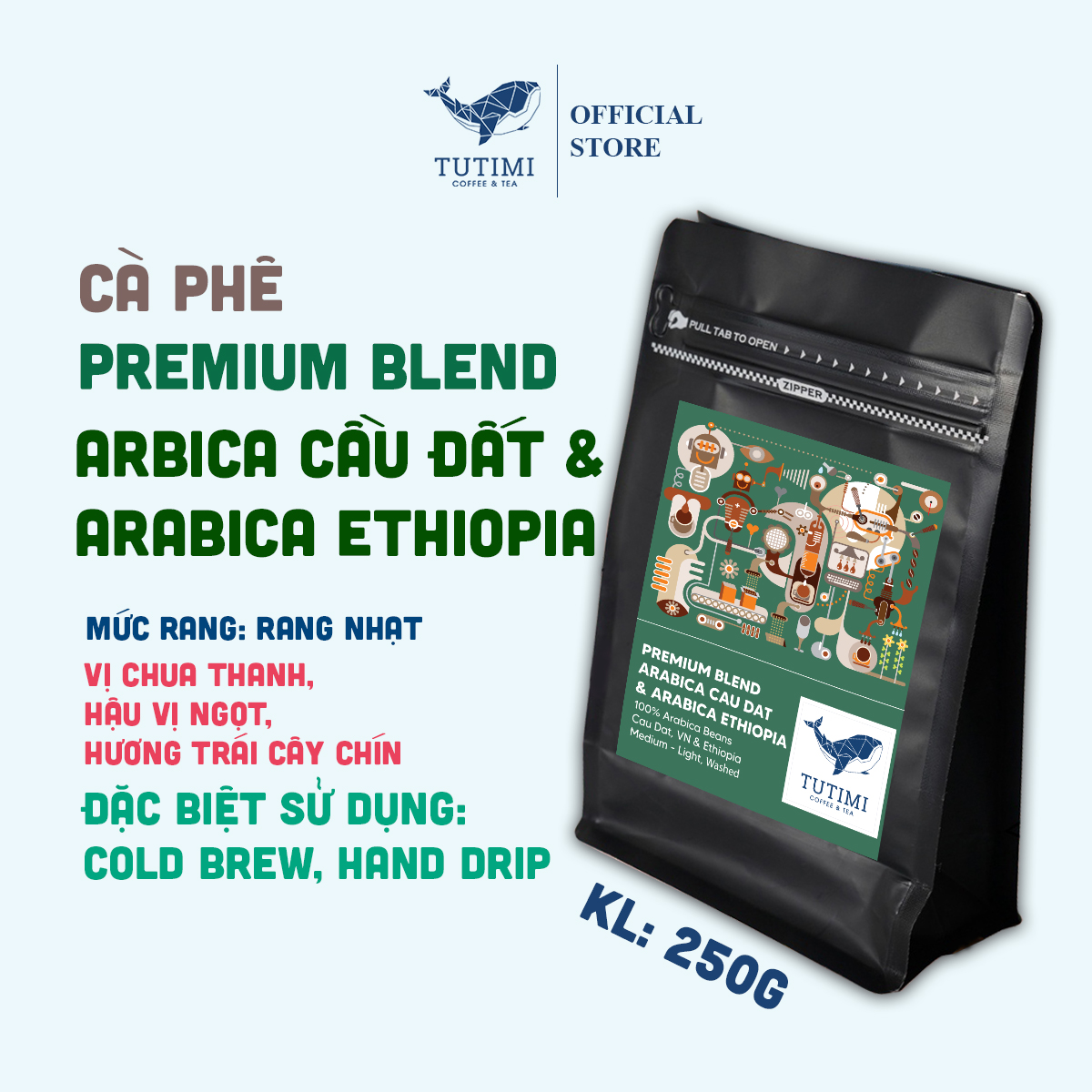 Cà phê cold brew/pour over Arabica Cầu Đất & Ethiopia đặc biệt nguyên hạt TuTiMi