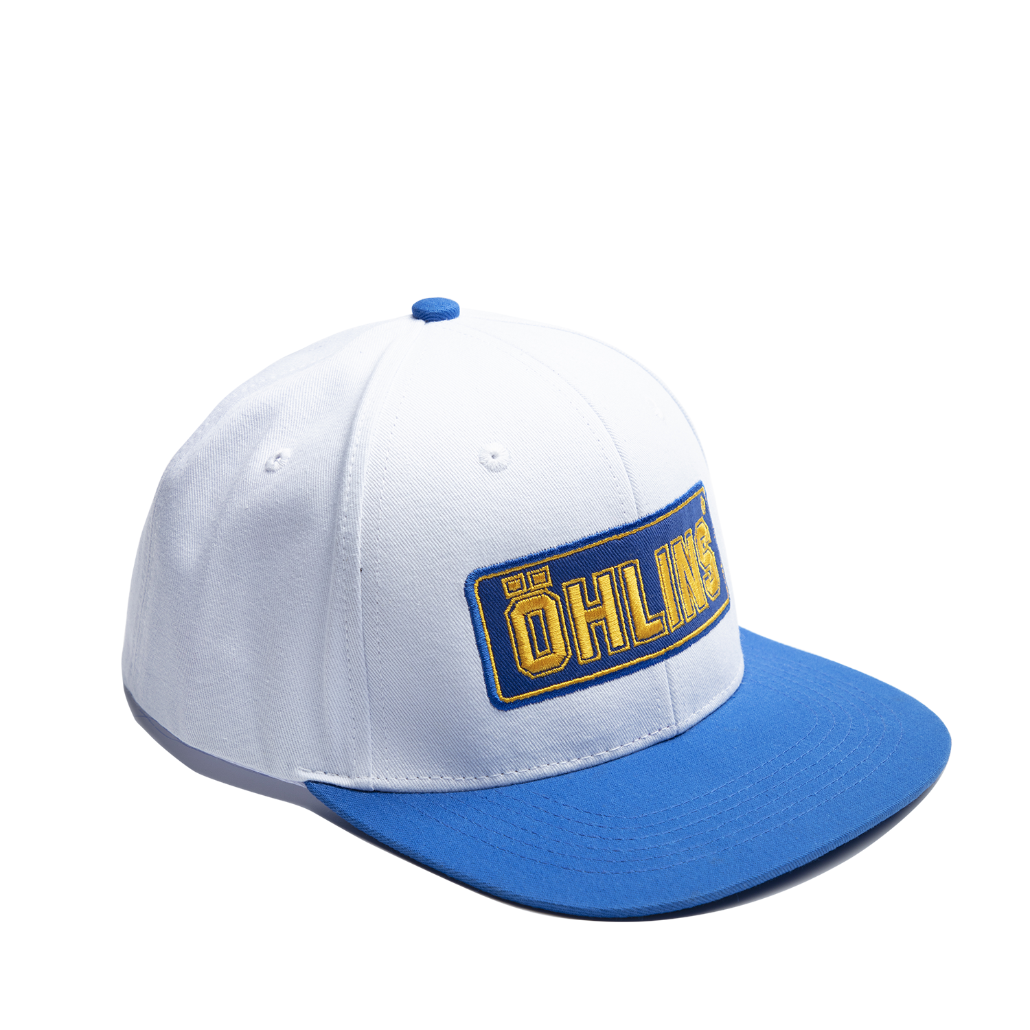 Nón snapback OHLINS màu trắng vành xanh dương - Logo thêu
