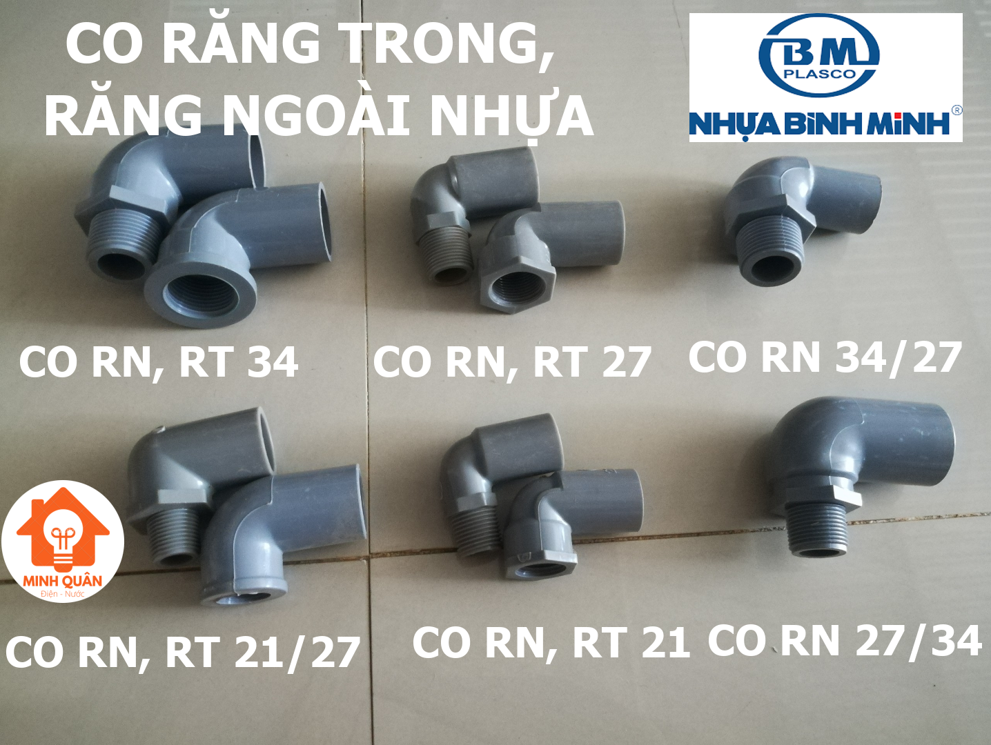 Co răng trong, răng ngoài nhựa, phụ kiện ống nhựa pvc phi 21, 21/27, 27, 27/34, 34, 34/27mm bình minh