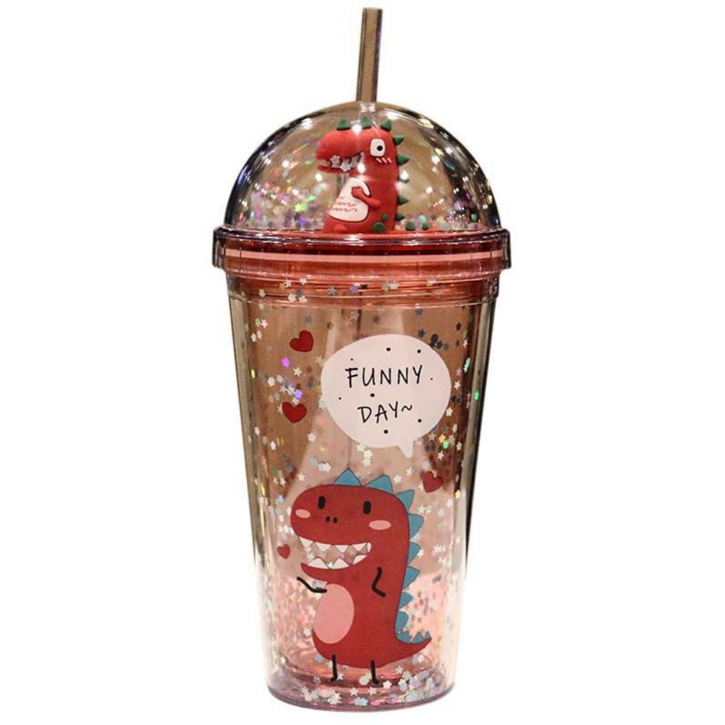 Ly Giữ Nhiệt Kim Tuyến Khủng Long 3D 500ml Tặng Kèm Ống Hút, Bình Đựng Nước Giữ Nhiệt Kim Tuyến 2 Lớp Cách Nhiệt