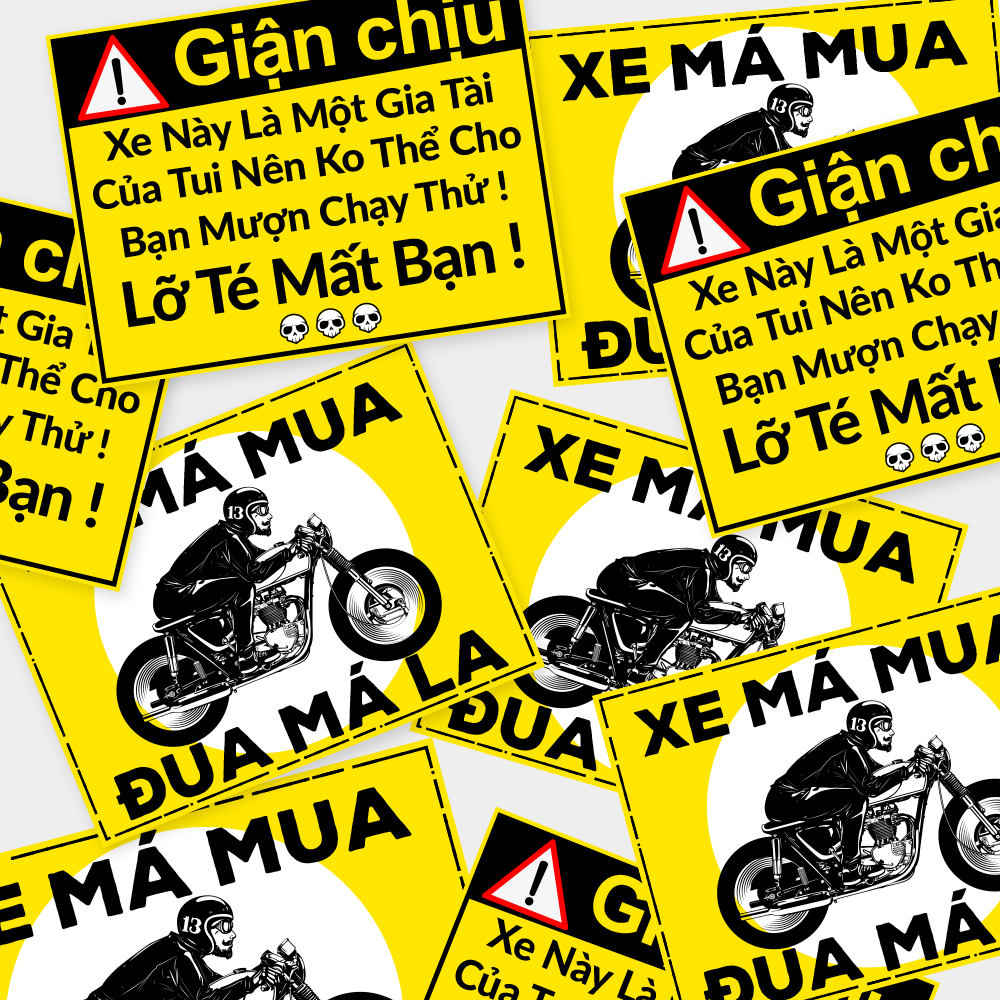 Bộ 2 Tem Cảnh Báo Hài Hước Dán Xe Máy - Kích Thước 6.5 x 4.8cm