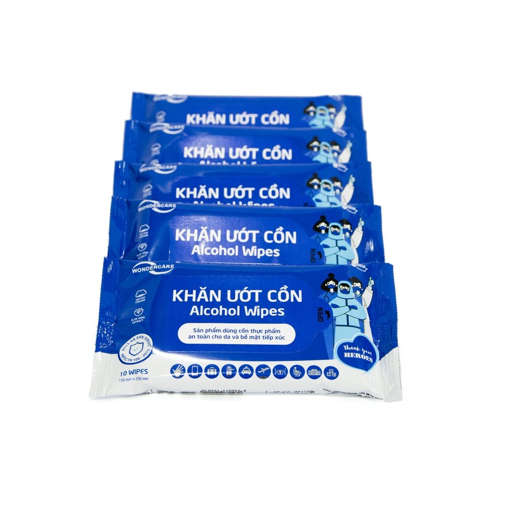 Combo 5 gói khăn giấy ướt cồn wondercare 10 tờ/ gói - kháng khuẩn 99,9%