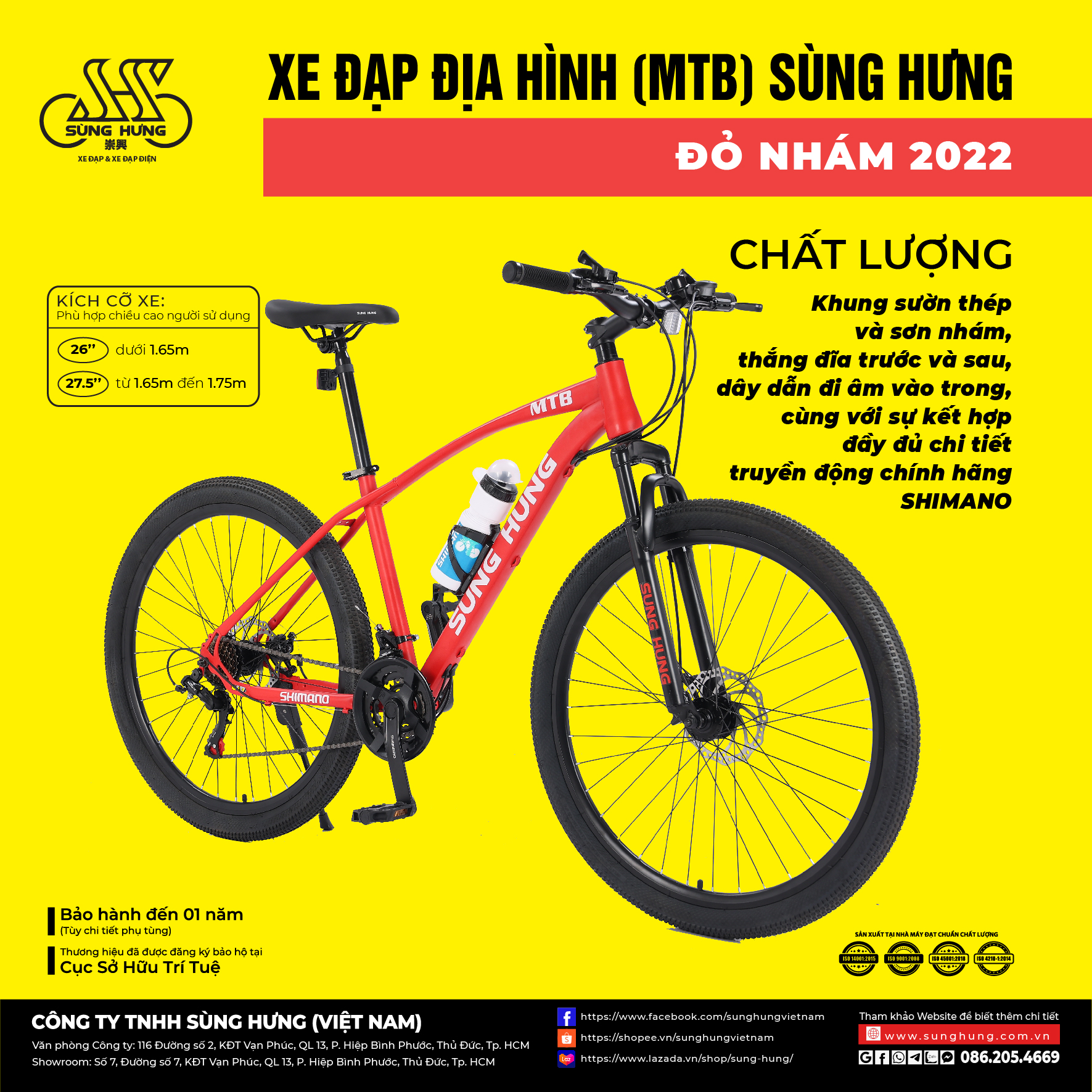 XE ĐẠP ĐỊA HÌNH (MTB) SÙNG HƯNG-Đỏ nhám 2022 (26''/27.5''), khung sườn thép, phụ tùng chính hãng Shimano, kiểu dáng hiện đại, vận hành êm ái