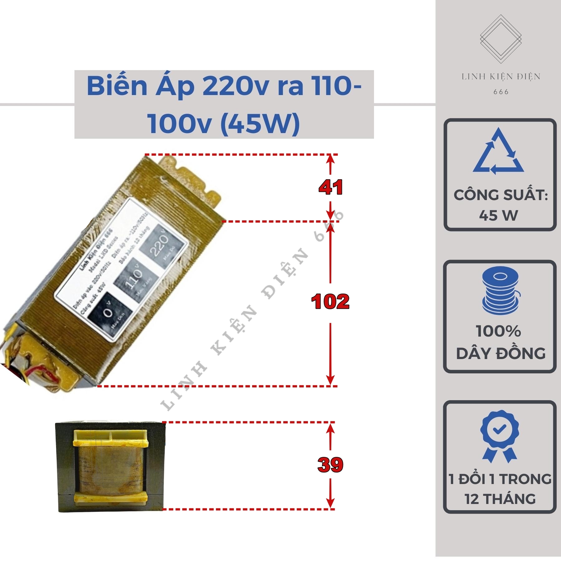 Bộ đổi nguồn 220v sang 110v 45w dành cho quạt Nhật bãi quấn 100% dây đồng