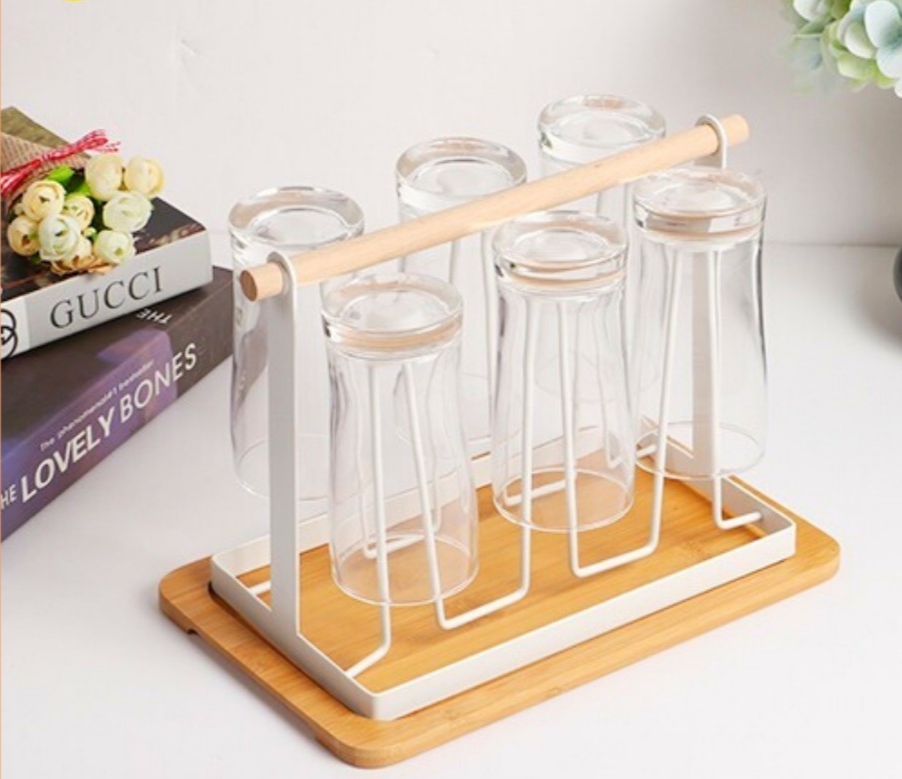 Giá úp ly cốc gỗ có khay nhựa, khay gỗ hứng nước cao cấp