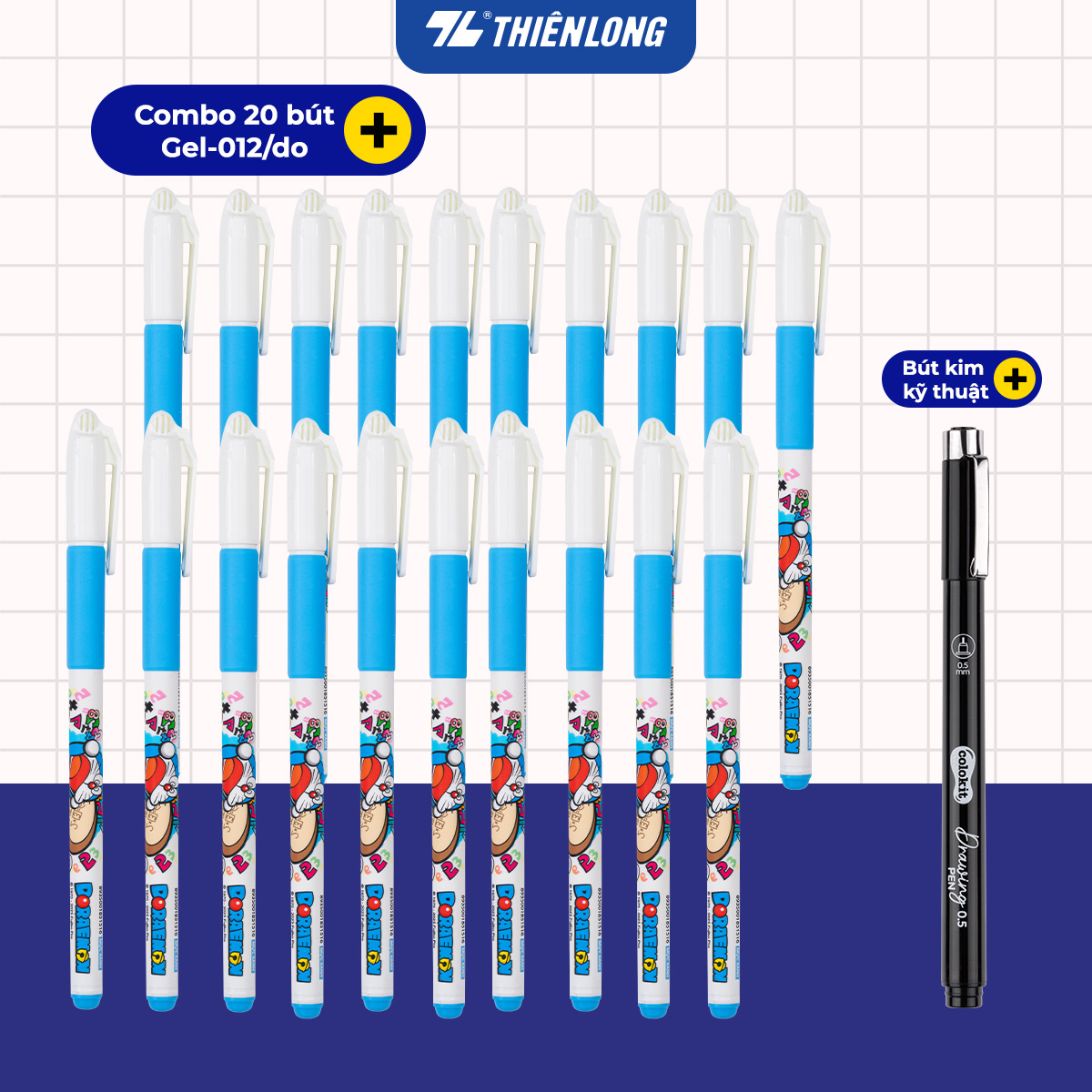  Combo 20 Bút Gel Thiên Long Doraemon GEL-012 DO ngòi 0.5mm mực xanh đỏ đen tím thân bút in hình nhân vật Doraemon 