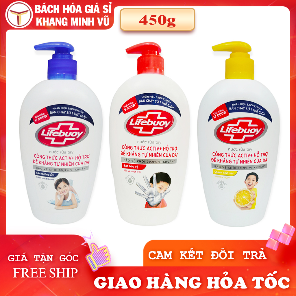 Nước Rửa Tay Lifebuoy Chai 450g Chăm Sóc Da Chai, Bạc Bảo Vệ, Chanh Khử Mùi