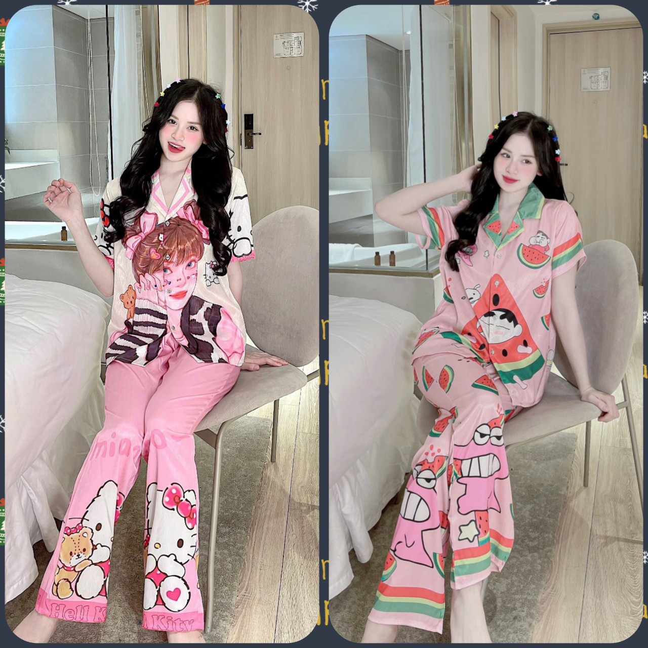 Đồ bộ pijama lụa xước 3d cao cấp tay ngắn , quần dài , thiết kế victoria's hot dbj014017