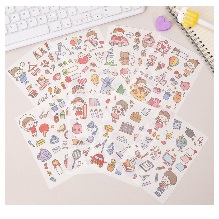 Sticker Bé Gái Xinh Xắn Trang Trí Bàn Học, Sổ, Nhật Ký( Set 4 tấm)