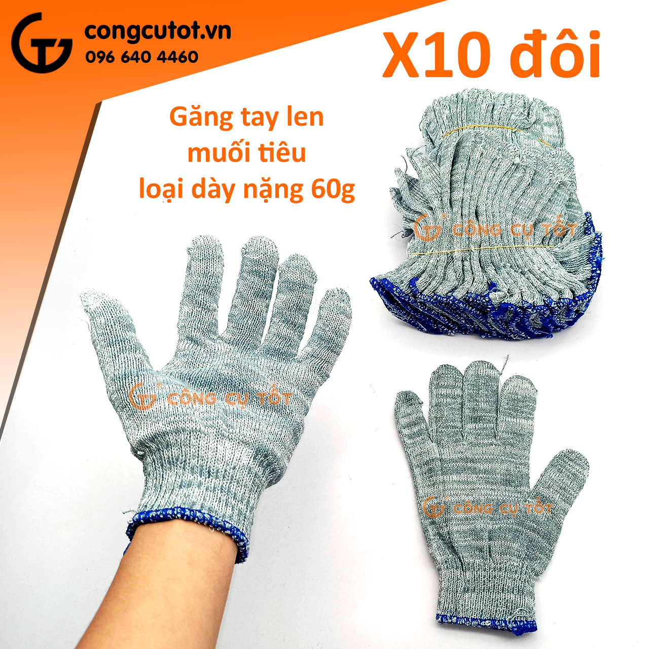 10 đôi Găng tay bảo hộ - gang tay lao động sợi len màu muối tiêu 40-50-60g