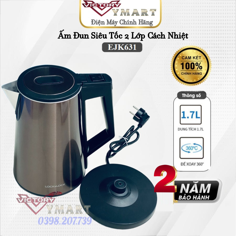 Ấm siêu tốc bằng thép không gỉ lock&lock ejk631 - dung tích 1.7l - công suất 1830w - thân ấm 2 lớp cách nhiệt - hàng chính hãng bảo hành 2 năm